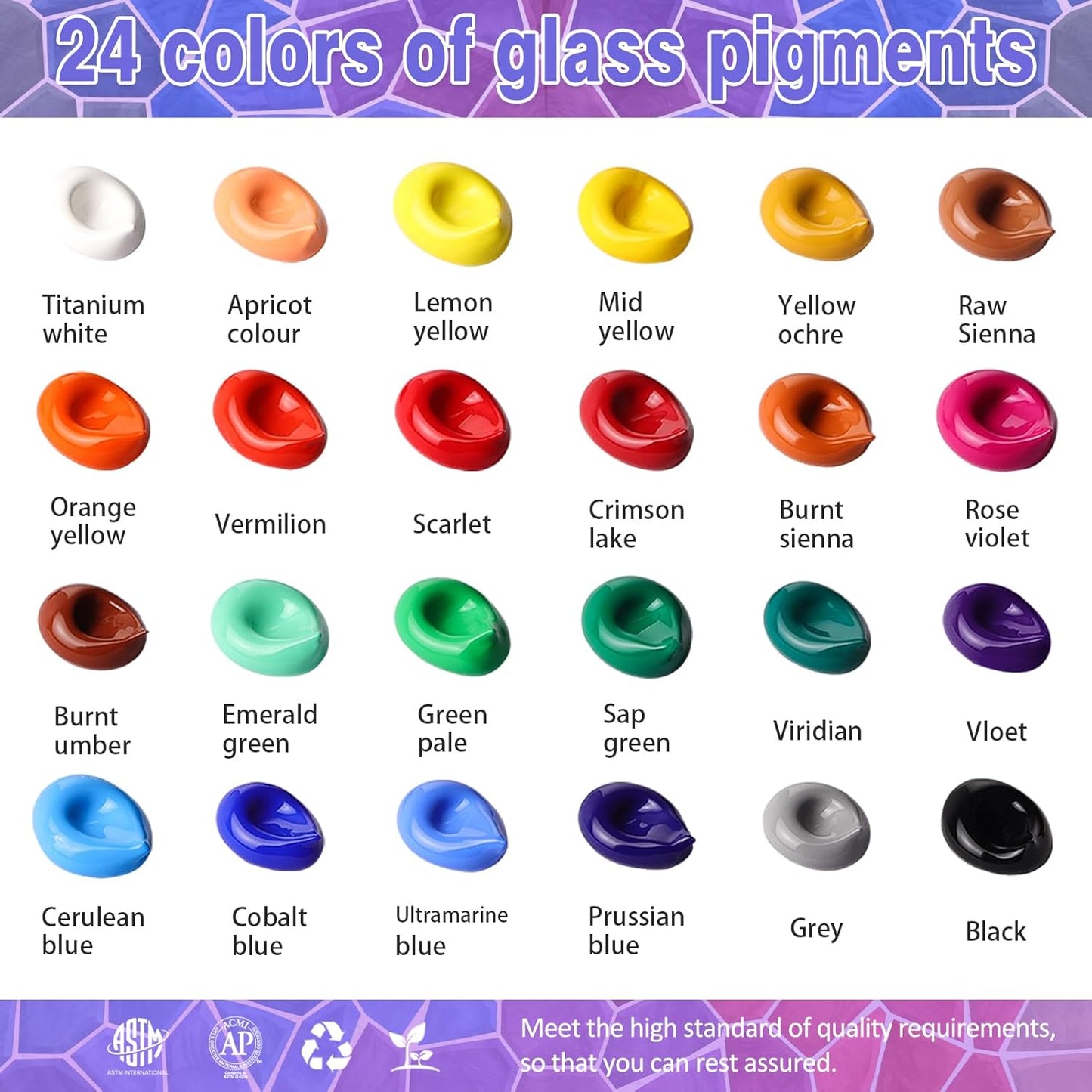 Colorful Stain Glass Paint Set with 6 Brushes, 1 Palette, 24 Color Waterproof Acrylic Enamel Painting Kit for Kids to Arts on Transparent Wine Glasses, Light Bulbs, Windows and Ceramics