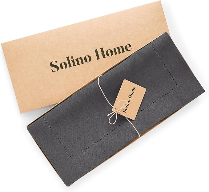 Solino Home Linen Table Runner 60 Inches - 100% Pure Linen Charcoal Hemstitch Table Runner 14 x 60 Inch Ideal for Dresser and Coffee Tables - Medium Weight - Winter