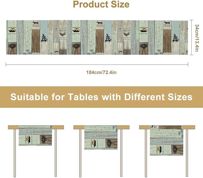 Rustic Farmhouse Table Runner, Vintage Country Blue Green Wooden Board Cow Chicken Pig Windmill Print Table Runner for Kitchen Dining Room Wedding Party Decor, 13x70inch