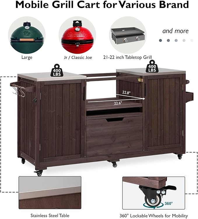 66.5" Outdoor Kitchen Island with Stainless Steel Top for Big Green Egg, Rolling Grill Cart with Adjustable Shelves, Lockable Wheels, Outdoor Table and Bar Storage Cabinet for Patio