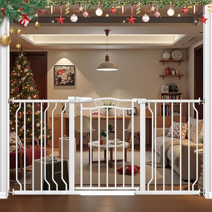 53.1-62.2" Extra Wide Baby Gate for Doorways No Drill, 30" Tall Auto Close Press Mounted Baby Safe Gate for Stairs, Walk Through Dog Gates for Doorways, White