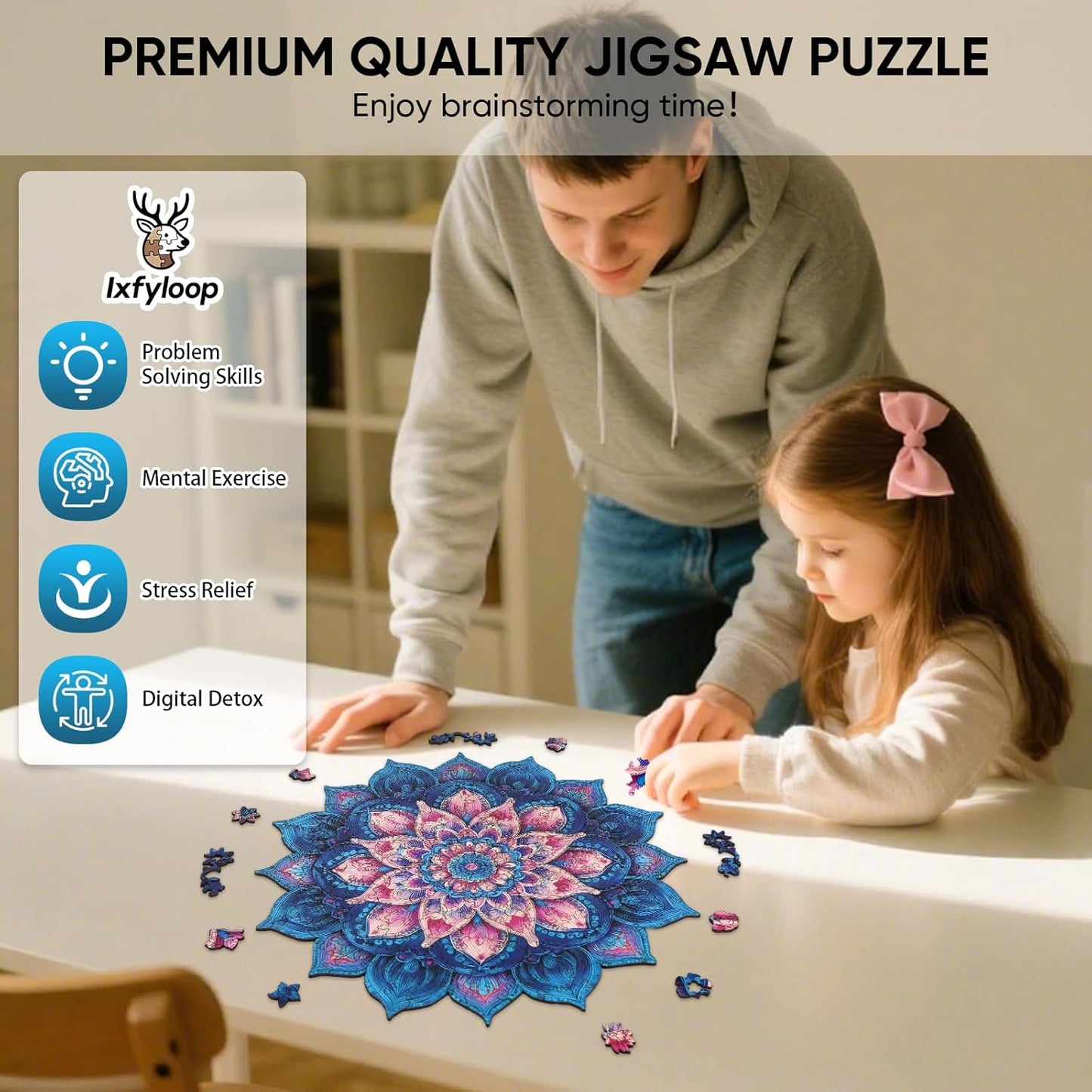Wooden Puzzles for Adults 471 Pieces, Mandela Lotus Jigsaw Puzzles, Unique Design Color Challenge Adult Puzzles for Family Game Gift, Home Decor, 16.4x16.5 inch