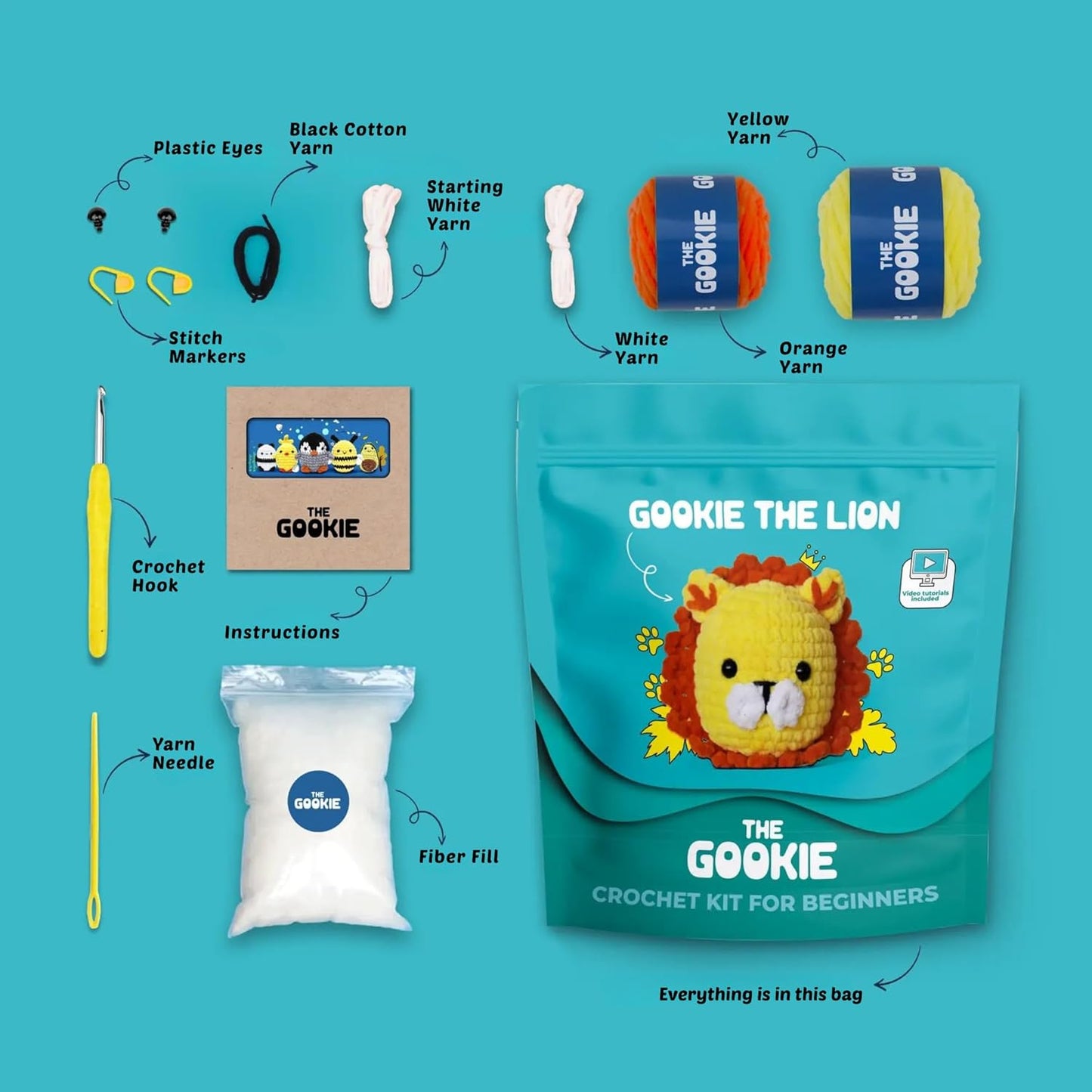 THE GOOKIE Amigurumi Crochet Kit for Beginners – DIY Crochet Kit with Yarn, Hook, Eyes & Stuffing – Easy Starter Set with Video Tutorials – Cute Plush Toy Craft Gift for Kids, Teens & Adults (Lion)