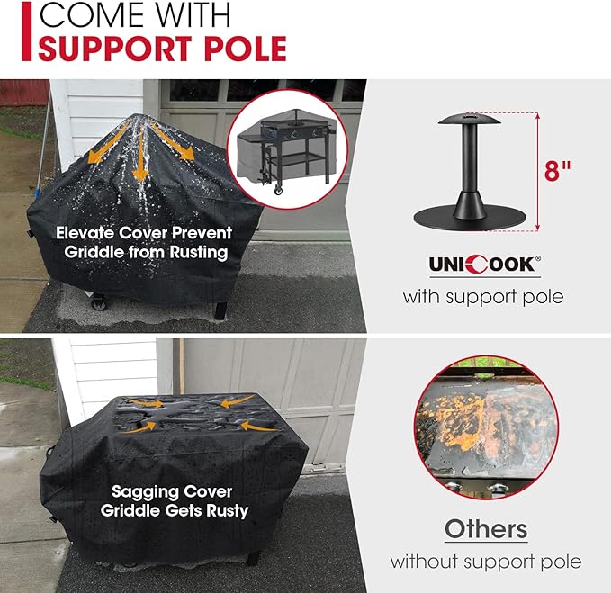 Unicook 28 Inch Griddle Cover for Blackstone and Nexgrill Cooking Station, Heavy Duty Waterproof Flat Top BBQ Grill Cover with Sealed Seam, Includes Support Pole, Black