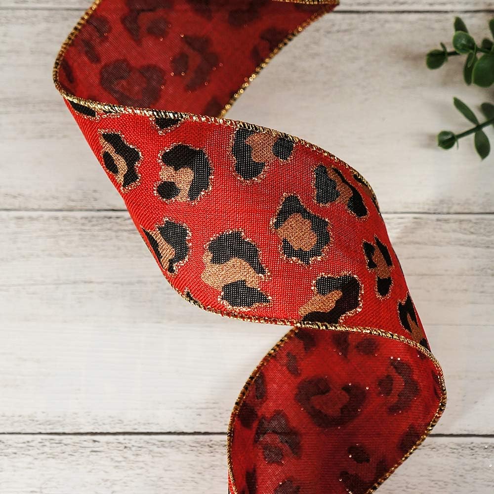CT CRAFT LLC Burlap Leopard Fabric Wired Ribbon 2.5" x 10 Yards Red with Black and Gold Color for Christmas Home Wedding Decor Gift Wrapping Tree Topper Bow Wreath Bouquet DIY Crafts