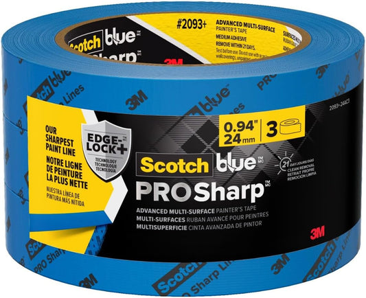 ScotchBlue PROSharp Painter's Tape 1 Inch Wide (0.94 in x 60 yd) 3 Rolls Blue Tape Protects Surfaces and Removes Easily, Edge-Lock Tape for Indoor and Outdoor Use (2093+-24AC3)