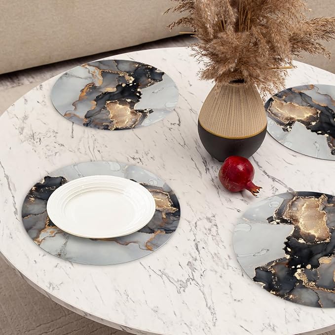Round Placemats Set of 4,Grey-Gold Marble Ding Table Placemat Easy to Clean Heat-Resistant Waterproof Non-Slip Place Mats Kitchen Decor for Housewarming Gift,13inch