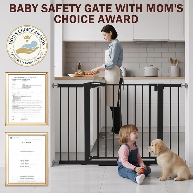 29.7-46" Extra Wide Baby Gate for Stairs, Pressure Mounted Dog Gate Indoor for Doorways, Auto Close Pet Gate with Walk Thru Door, Double Lock Child Safety Gate for Kids and Pet, No-Trip Design