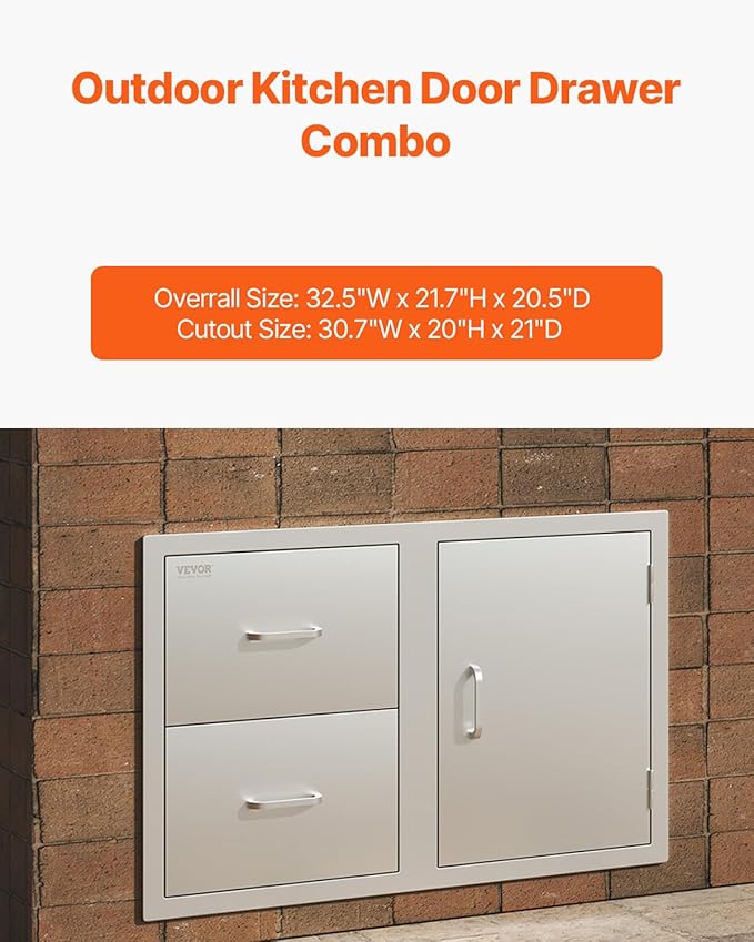 VEVOR Outdoor Kitchen Door Drawer Combo, 32.5" Wx21.7 Hx20.5 D, Access Door Double Drawers with Paper Towel Rack, BBQ Island Drawers with Stainless Steel Handles, 30.7" Wx20 Hx21 D Cutout Size