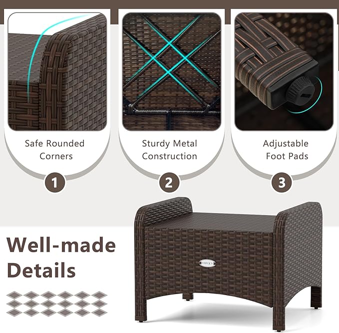 Tangkula 2 Pieces Outdoor Patio PE Wicker Ottomans with Removable Cushions, Outdoor Furniture for Additional Seating, Footrest and Side Table, Outdoor Footstools for Porch, Garden and Backyard