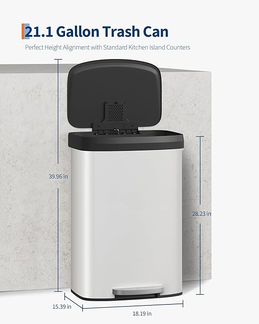 Garvee 21 gal / 80 L Metal Trash Can with Lid, Large Garbage Can for Kitchen, Rustproof Step-on Kitchen Metal Trash Bin with Liner Rim, Rear Handle, Soft Close Plastic Lid, White
