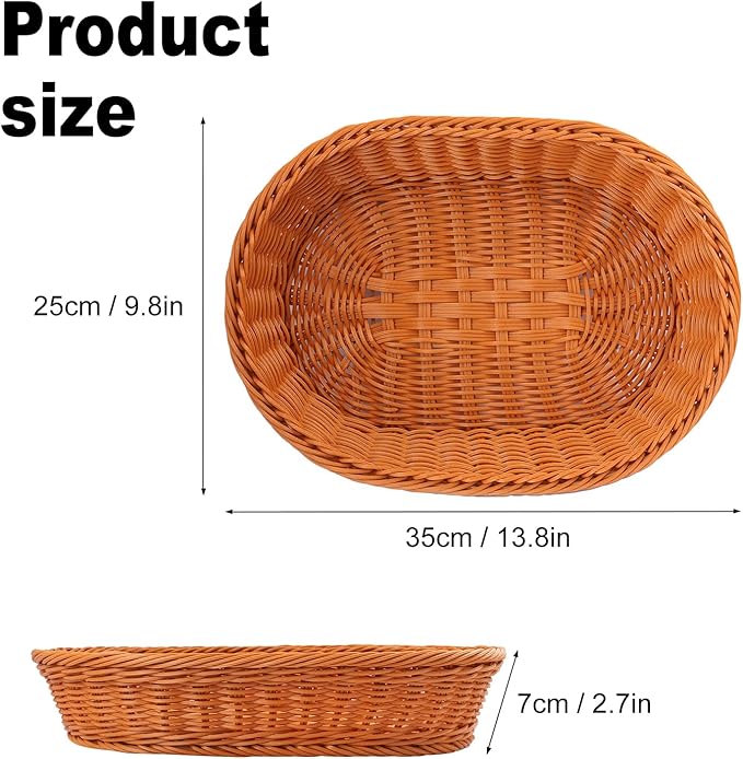 5 Pack 13.8 Inch Oval Poly Wicker Baskets, Plastic Oval Wicker Baskets, Rustic, Durable & Easy-Cleaning Wicker Bread Basket, for Home, Restaurant & Hotel Use, Brown