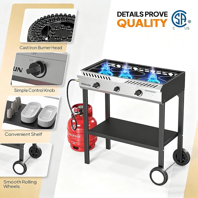 ROVSUN 3 Burner Propane Stove with Auto Ignition, 225,000 BTU Gas Stove with Storage Shelf, Rolling Wheels & Regulator for Home Outdoor Backyard Camping Cooking Frying Brewing Canning