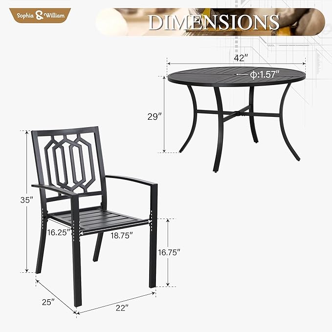 Sophia & William Round Patio Table and Chairs Set, Outdoor Dining Set for 4, 5 Piece Metal Patio Furniture, 42" Black Table(Geometry)