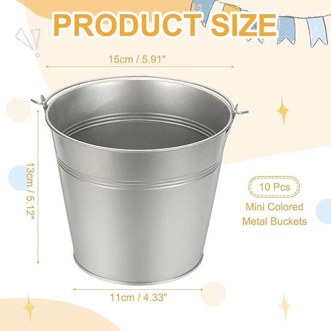 Small Metal Buckets, Mini Buckets with Handle Galvanized Colored Tin Pail Containers Basket Party Supplies - Fit for (Halloween - Classroom Crafts) 6" & 10Pcs & Silver