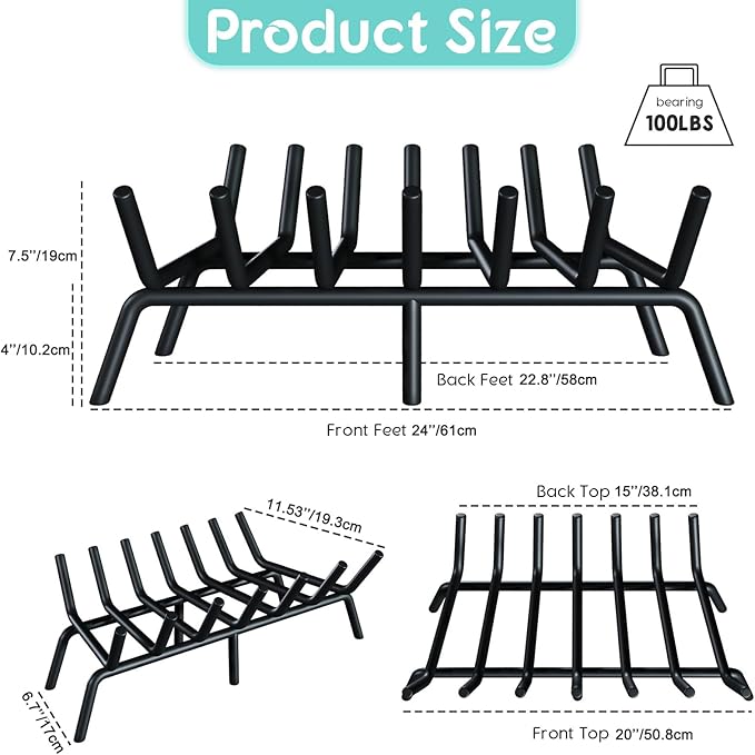 24-Inch Fireplace Grate, Heavy Duty 7-Bar Log Rack Holder Made of Solid Round Steel for Indoor/Outdoor Fire Pits, Wood Stoves & Kindling Tools