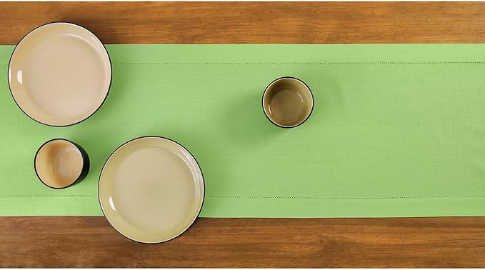 Solino Home Table Runner 90 Inches Long - Cotton Linen Hemstitch Apple Green Table Runner 14 x 90 Inch for Spring, Easter, St Patricks Day