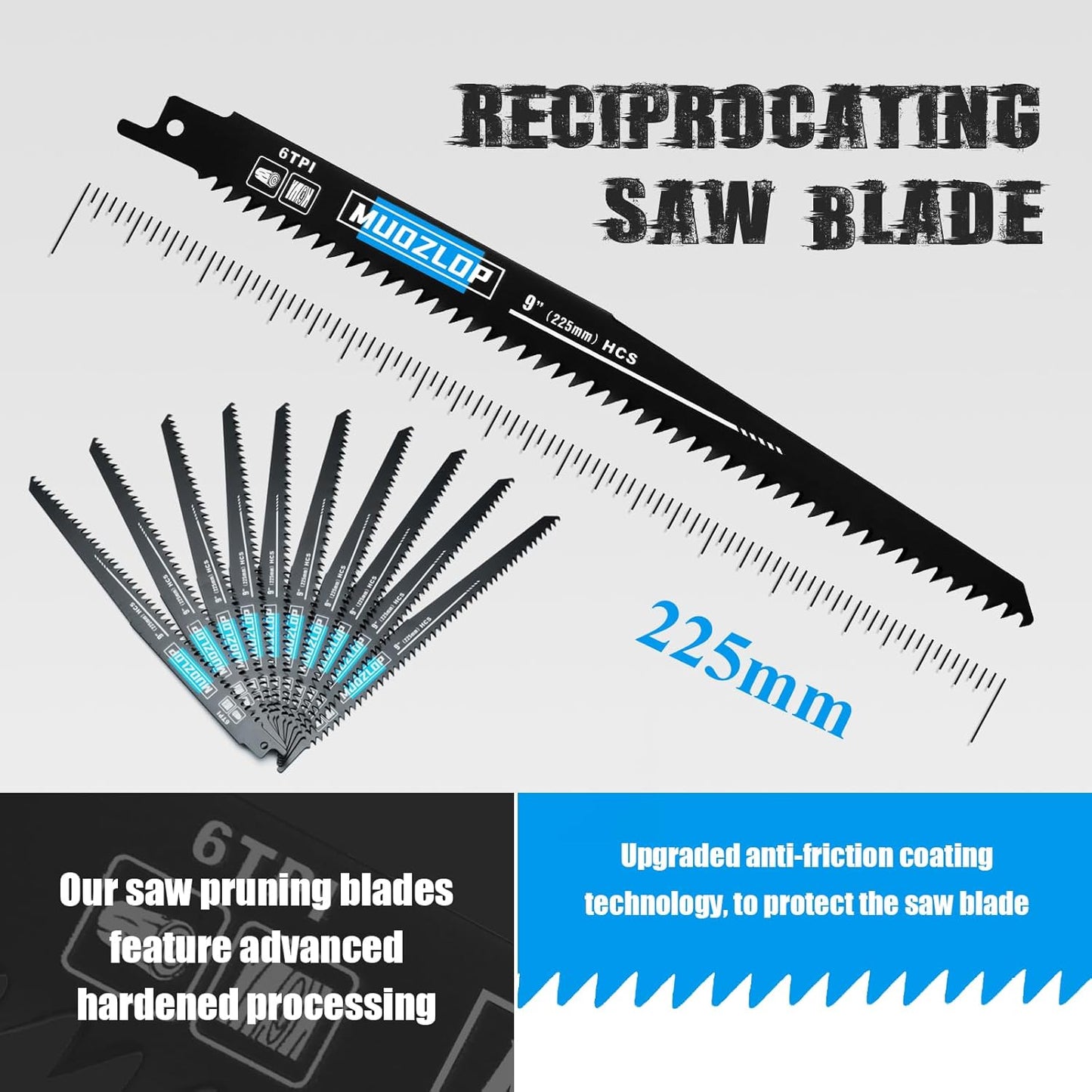 10 Pack 9 inch Reciprocating Saw Blades Set,6 TPI High Carbon Saw Blades, Woodcutting Saw Blades with Organizer Case (10, 6TPI/225mm)