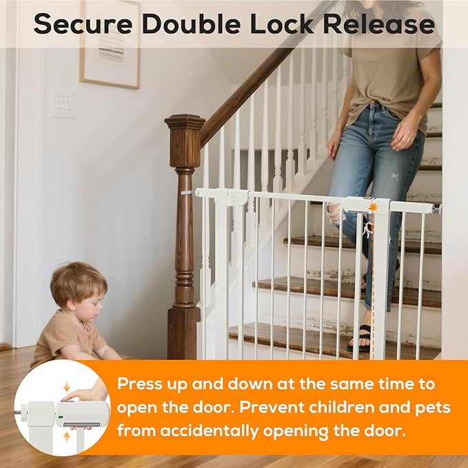 29.5-46" Baby Gate for Stairs, Baby Safety Essentials, Auto Close Gate for Doorways, Easy Install Pressure Mounted Dog Gate Indoor, Pet Gates for Dogs, White