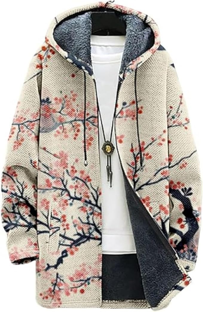 Men's Hooded Sweater Coat Knit Fleece Lined Long Cardigan Jacket with Zip Front Pocket Vintage Casual Zip Up