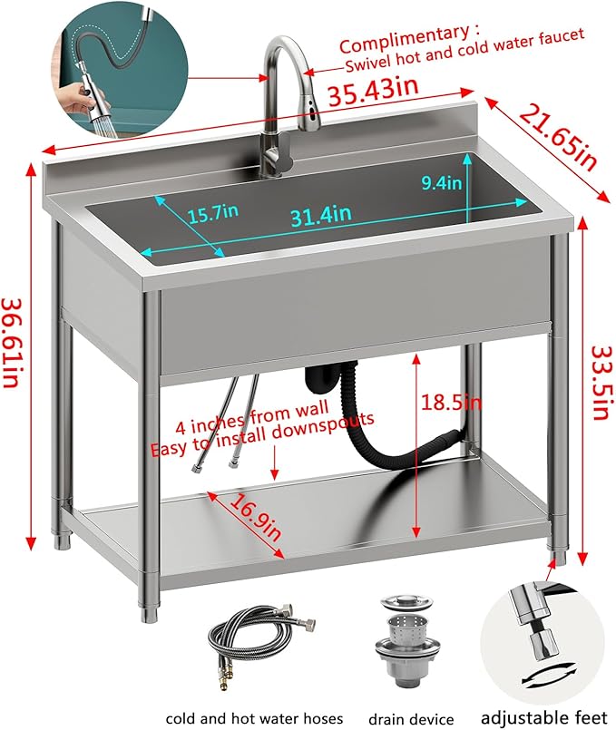 Stainless Steel Utility Sink, Large Freestanding Laundry Sink with Pull-out Faucet for Kitchen, Bathroom, Laundry Room, Garage, Outdoor/Indoor Use, Pet Cleaning, D21.65 x W35.43 x H36.61 inch