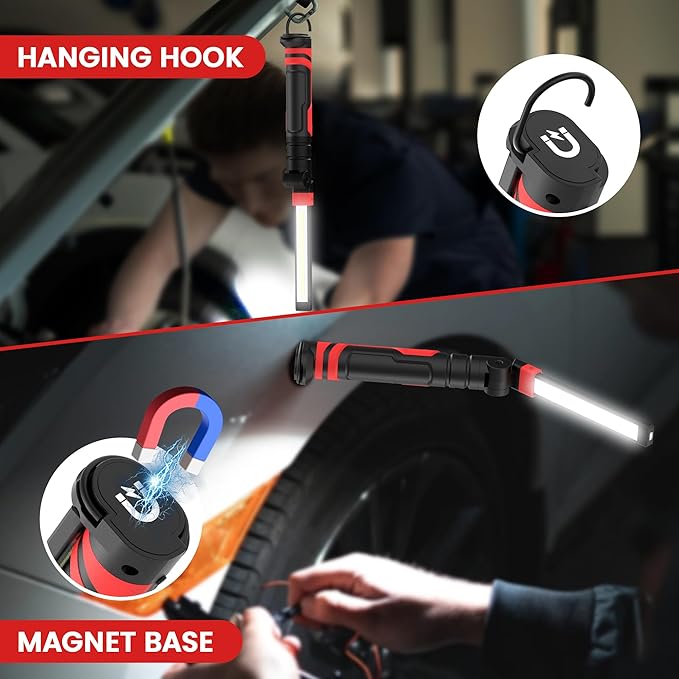 Rechargeable Work Light 2500mAh Magnetic LED Work Light Flashlight Mechanic Light Tool for Men Him, Foldable Lamp with Hook for Car Repair Emergency BBQ Grill