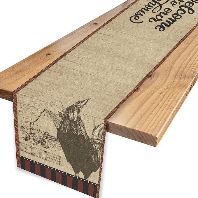 Rustic Farmhouse Table Runner, Vintage Barn Cottage Rooster Retro Farm Country Chicken Wooden Plank Coffee Table Center Decor for Home Kitchen Dining Patio Holiday Party Table Decorations 13"x72"