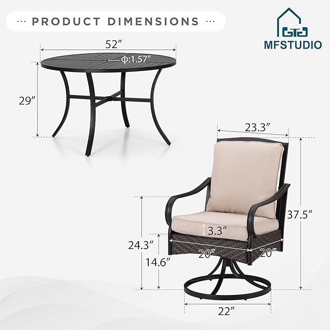 MFSTUDIO 7 Piece Outdoor Patio Dining Sets with Swivel Chairs, 54’’ Large Metal Outdoor Round Dining Table for 6, Round Patio Table and Chairs, Heavy Duty Dining Furniture for Porch, Deck