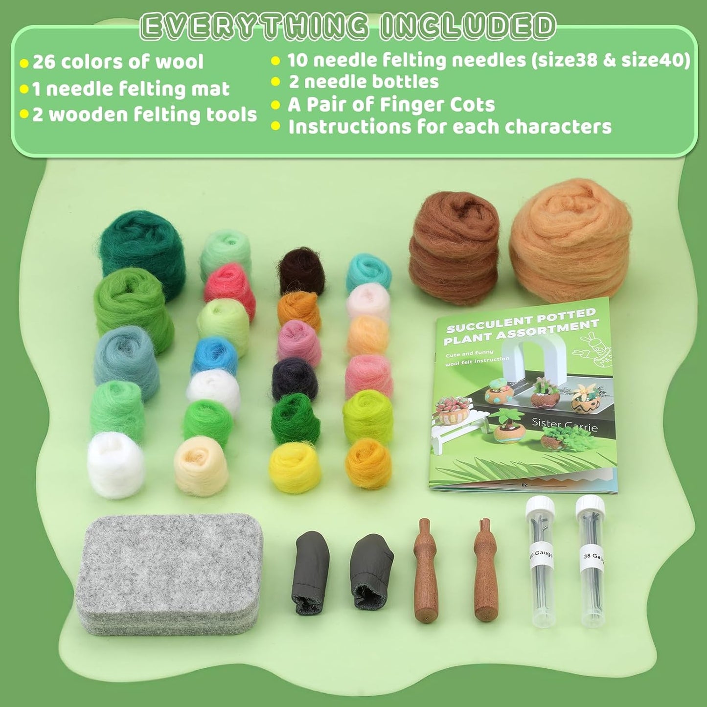 Needle Felting Kit, 15 Pcs Succulent Beginner Needle Felting Kit, Needle Felting Tools, Wool Felting Kit Including Wool Roving, Foam Mat, Felting Needles and Instructions for Diy Felting Starters
