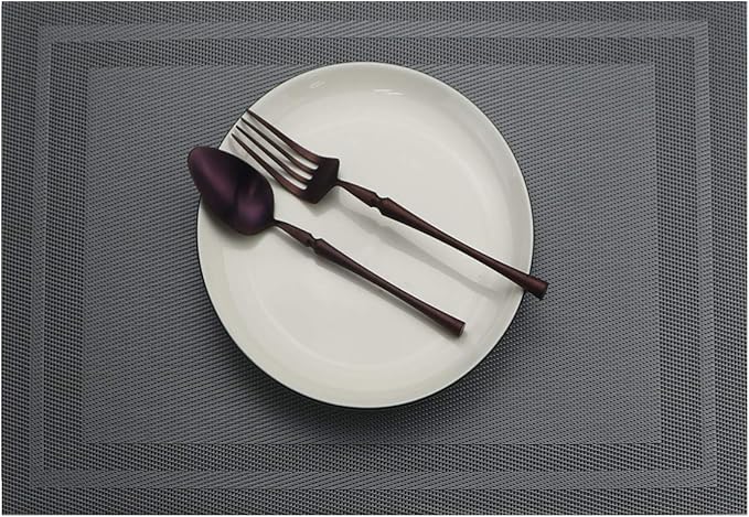 Gugrida Placemats Set of 6 Plaid Checkered Silver Grey PVC Placemat for Dining Table Durable Woven Vinyl Stain tablemats 18"X12"