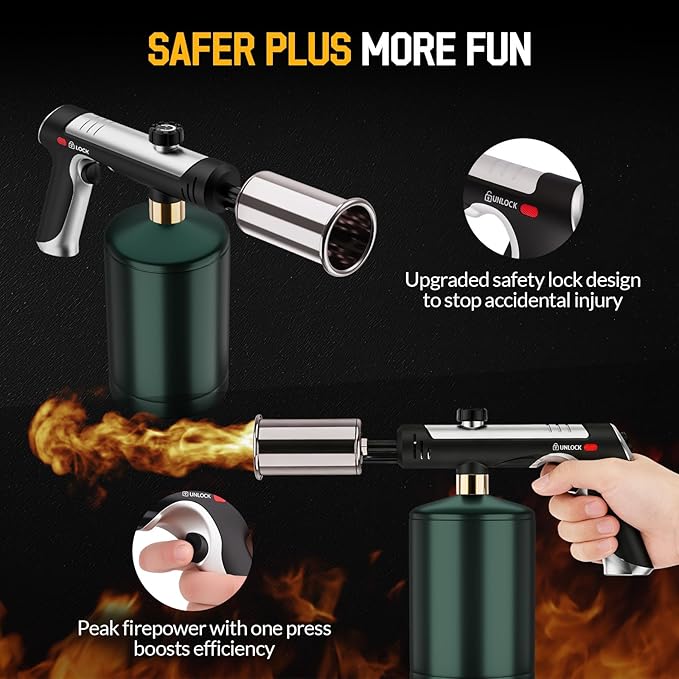 Siasky Propane Torch with One-Click Max Fire, Flame Thrower Gun Charcoal Lighter with a Safety Lock, Kitchen Blow Torch for Cooking, BBQ, Sous Vide, Grill (Tank Not Included)