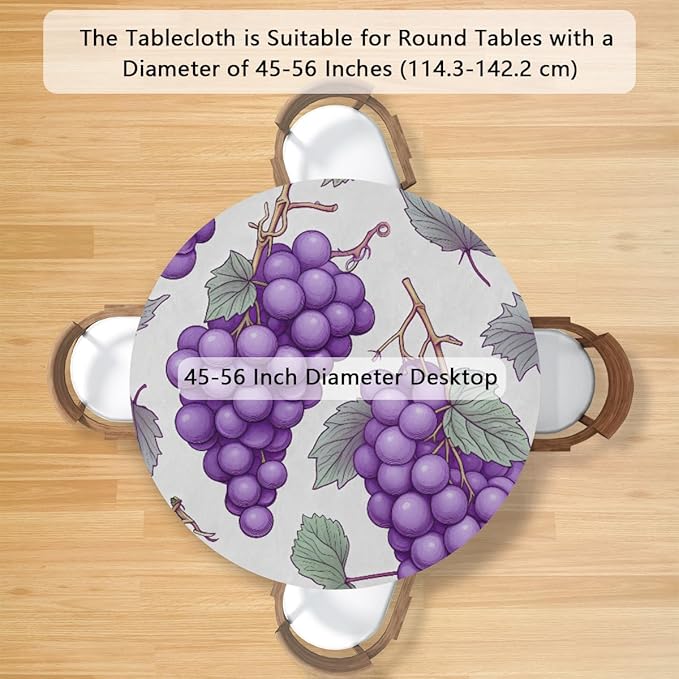 Grape Fruit Purple Leaves Round Table Cloth Cover, Elastic Edge Waterproof Wipeable Tablecloths 45"-56" Polyester Tablecloth for Party Restaurant Banquet Holiday Camping Outdoor Picnic