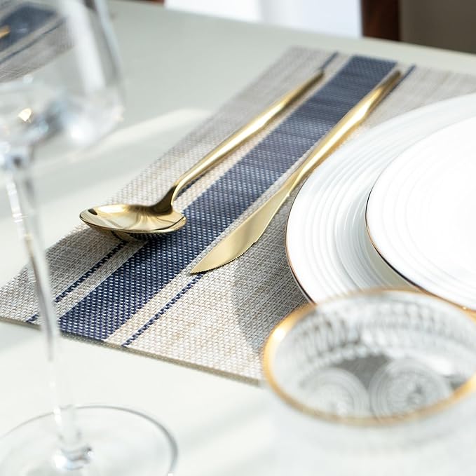 Placemats Set of 6 Vinyl/Plastic Woven Place Mats for Kitchen Table Indoor/Outdoor Washable Placemat Wipeable Dining Table Mats (Khaki Blue,6)