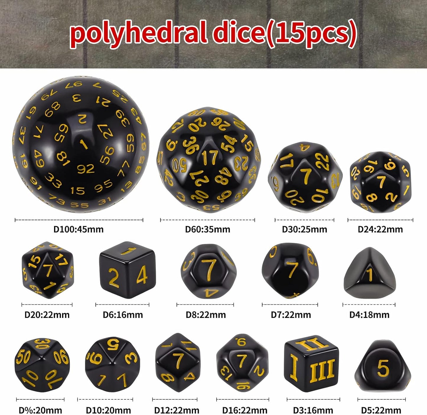 CiaraQ DND Polyhedral Dice Set (15pcs) D4-D100 Game Dice with Dice Bag for Dungeons and Dragons Role Playing Table Games (Black & Yellow)
