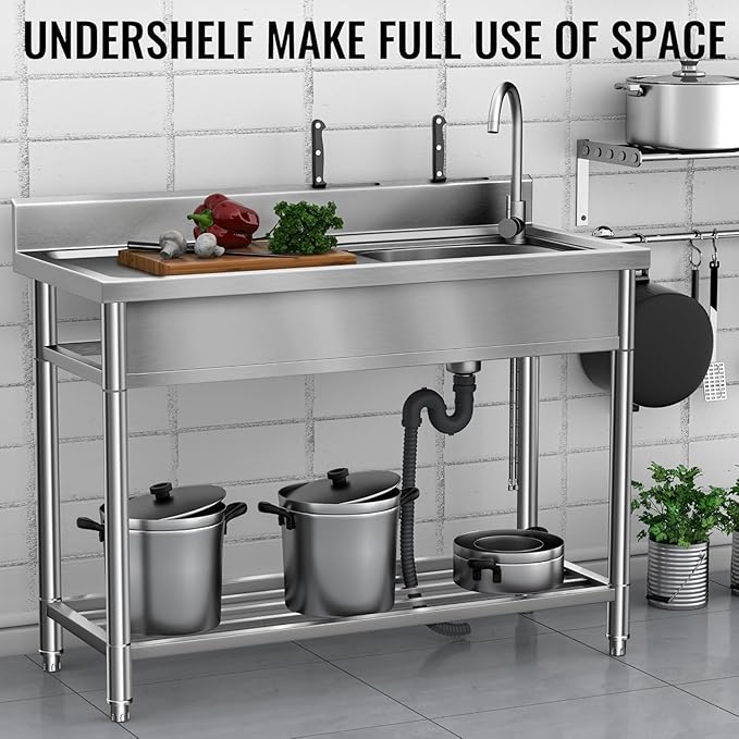 Stainless Steel Sink, Free Standing Kitchen Sink with Countertop Workstation, Utility Sinks Single Bowl with Cold and Hot Water Pipe Indoor Outdoor (47 Inch)