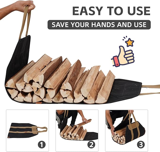 1MORE Firewood Carrier - Wood Carrier for Firewood,Log Carrier for Firewood Tote Bag, 40"X19" Canvas Firewood Carrier, Water Resistant Log Tote Wood Carrying Bag With Handles,Fireplace Tools. Black