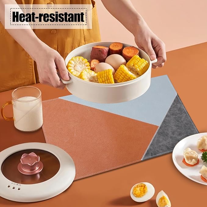 Faux Leather Placemats Set of 6 Waterproof,Reversible Geometric Pattern PU Placemat for Dining Table,Heat Resistant Wipeable Anti Slip Washable Table Mats,Modern Table Protectors