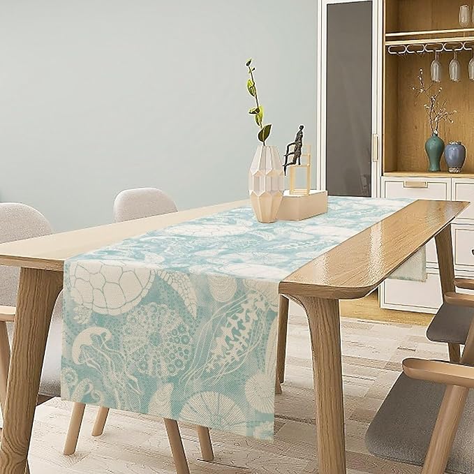 Marine Sea Turtle Table Runner, Ocean Beach Coral Starfish Seashell Table Runner for Kitchen Dining Wedding Party Banquet 13x60in