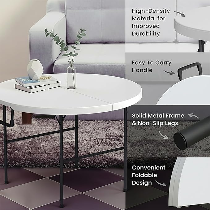 3.5 Feet Circular Round Foldable Table with Built in Handle & Steel Legs | Heavy Duty Portable | Perfect for Party, Dining, Wedding, Events, Picnic Indoor, Outdoor, Camping, Utility
