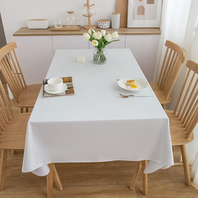 LIBERECOO Vinyl Tablecloth with Flannel Backing, Solid White, Waterproof, Stain-Resistant, Easy-Clean Table Cover for Dining, Kitchen, and Outdoor Use, 60" x 120" Rectangle