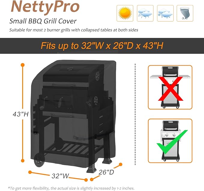 NettyPro BBQ Grill Cover Heavy Duty Waterproof 32 inch, Outdoor 2 Burner Gas Barbecue Cover for Outside Small Weber, Char-Broil, Brinkmann, Jenn Air, Nexgrill Grills, Black