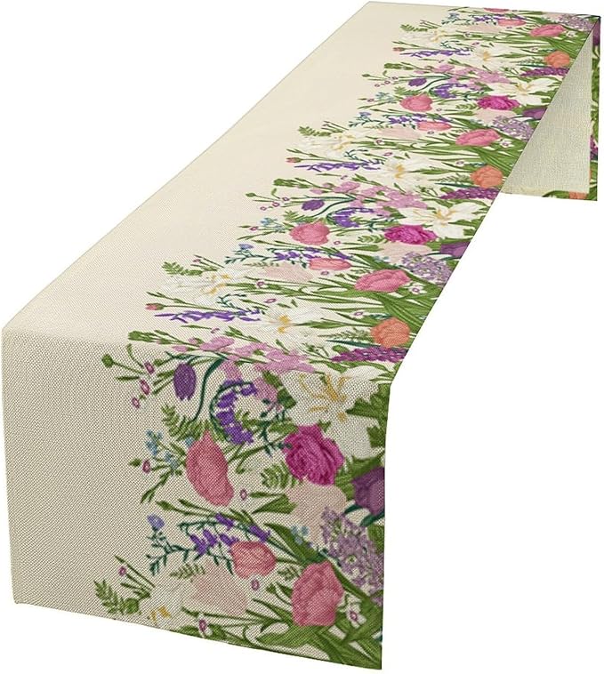 Floral Table Runner,Watercolor Spring Summer Seasons Pink Purple Flowers Table Decoration for Wedding Holiday Indoor Outdoor Home Party 13x70in