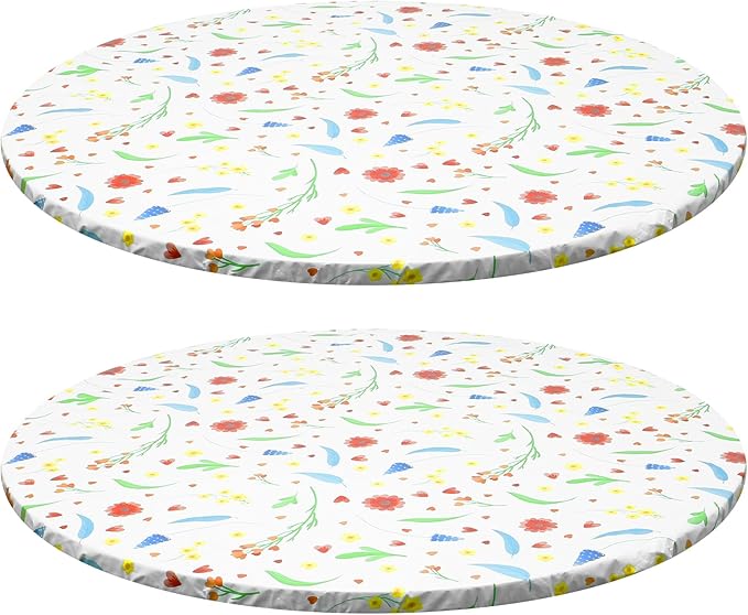 2 Pcs Round Picnic Tablecloth, Waterproof Elastic Fitted Table Covers, Elastic Edge Table Cover Indoor Outdoor Round Fits 43"-55" Round Table Cloth, Oilproof Wipeable Protector for Camping (Flower)