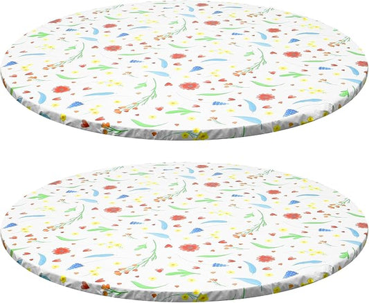 2 Pcs Round Picnic Tablecloth, Waterproof Elastic Fitted Table Covers, Elastic Edge Table Cover Indoor Outdoor Round Fits 43"-55" Round Table Cloth, Oilproof Wipeable Protector for Camping (Flower)