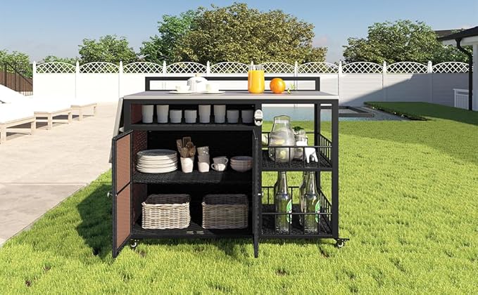 CHARMMA 63.5" Outdoor Kitchen Island, Kitchen Storage Island, Cooking Station, Outdoor Grill Cart with Foldable Side Tabletop, Ample Storage Space, Bottle Opener for Outside Patio, Backyard