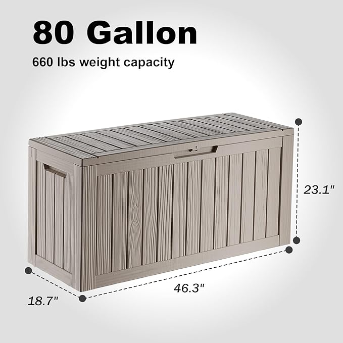 DRATO 80 Gallon Large Deck Box, Outdoor Storage Box for Patio Furniture, Patio Cushions, Gardening Tools, Pool Supplies 480lbs Weight Capacity,Waterproof Resin Storage Boxes（Gray，80 Gallon）