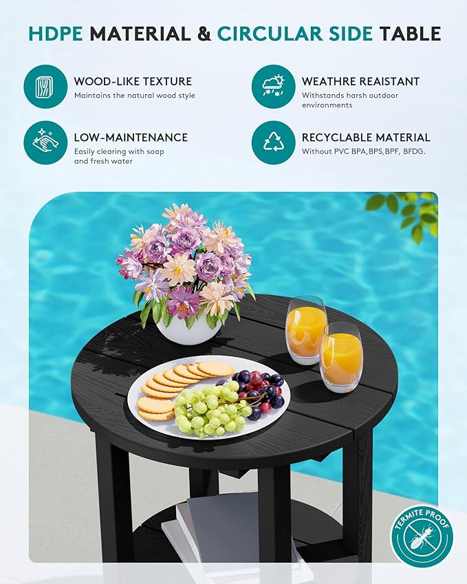 SERWALL Round Outdoor Side Table, HDPE Small Adirondack End Table,2-Tier Patio Side Table for Backyard Pool Porch Garden Lawn, Black