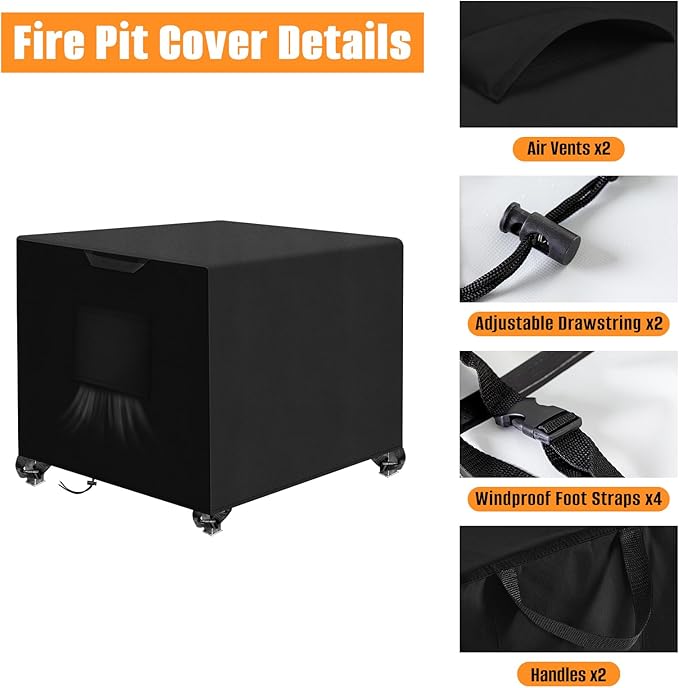 Kovshuiwe Porch Shield Fire Pit Cover Square-600D Fabric Waterproof and Resistant, Fits Outdoor For 28-32 Inch Fire Pit /Table Cover, Gas Fire Pit Cover-32"L x 32"W x 24"H, Black