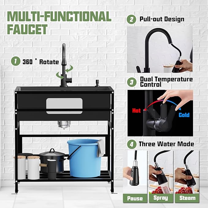 Black 30x18 Inch Freestanding Utility Sink-Stainless Steel Laundry Sink Practicality With Accessories Black Stainless Faucet,Soap Dispenser, SS Sink Grid For Laundry,Garage,Outdoor Kitchen,Garden...