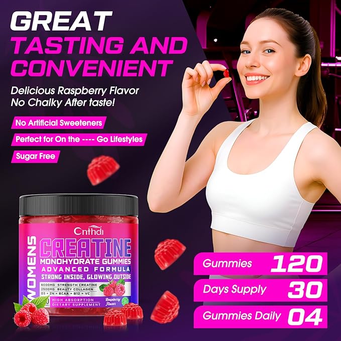 Creatine Monohydrate Gummies 6000MG Pre-Workout for Women, Creatine Gummies with Collagen, BCAA 2:1:1, Zinc & Taurine for Muscle Support, Enhance Strength & Booty, Gluten-Free, 120 Counts